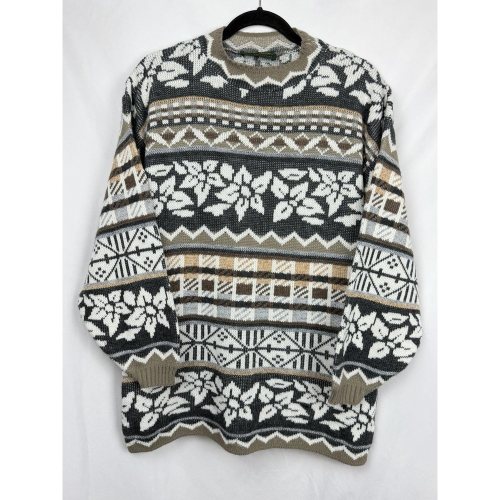 Vintage 90s Dana Scott Knit Sweater Floral Fair Isle Unisex M/L Nordic Cozy